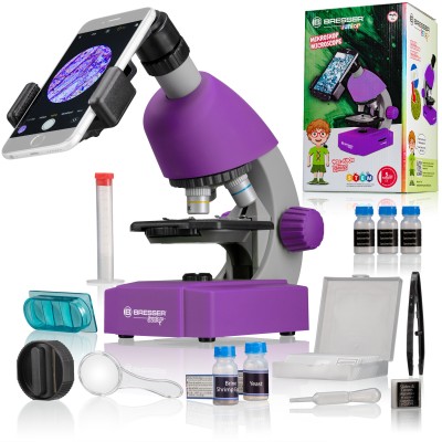 Мікроскоп Bresser Junior 40x-640x Purple з набором для дослідів і адаптером для смартфона (8851300GSF000), код: 8932