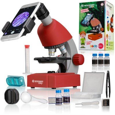 Мікроскоп Bresser Junior 40x-640x Red з набором для дослідів та адаптером для смартфона (8851300E8G000), код: 8936